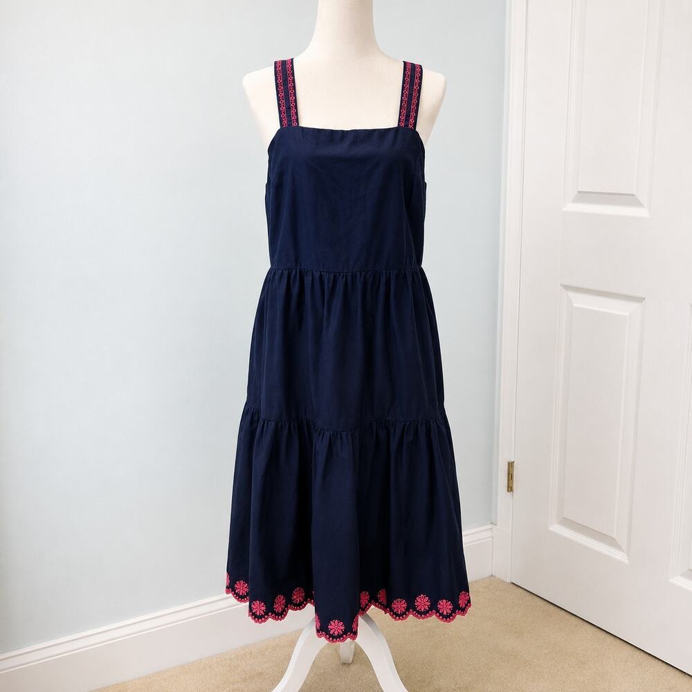 J. Crew Midi Sundress Navy Pink Embroidery Tiered Skirt Eyelet Preppy 12